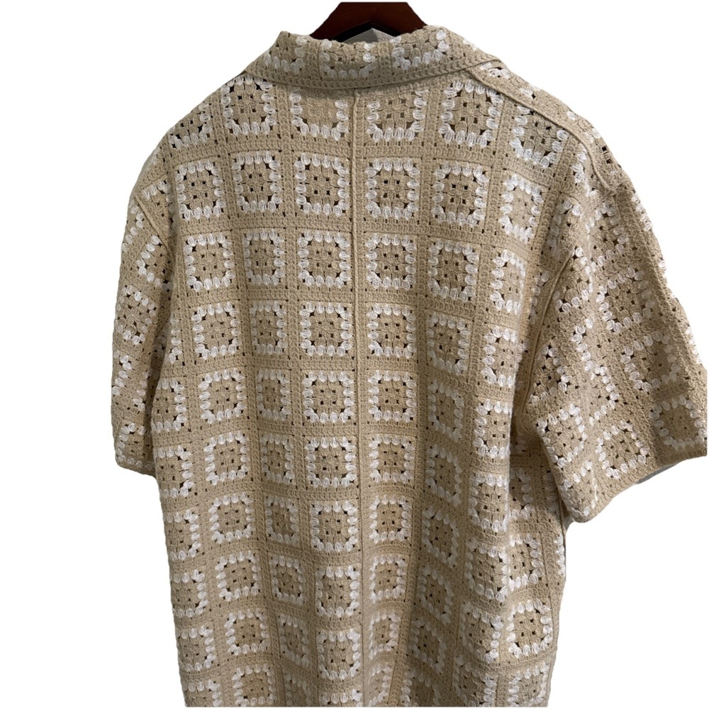 Sandstone Mens Crochet Button Open Knit Festival Sweater Tan & white Large - Picture 5 of 5